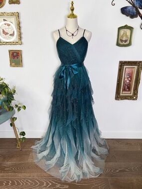 Pear Culture Ombré Teal Fairy Gown Sparkly Tulle Ruffle Tiered Formal Prom Dress
